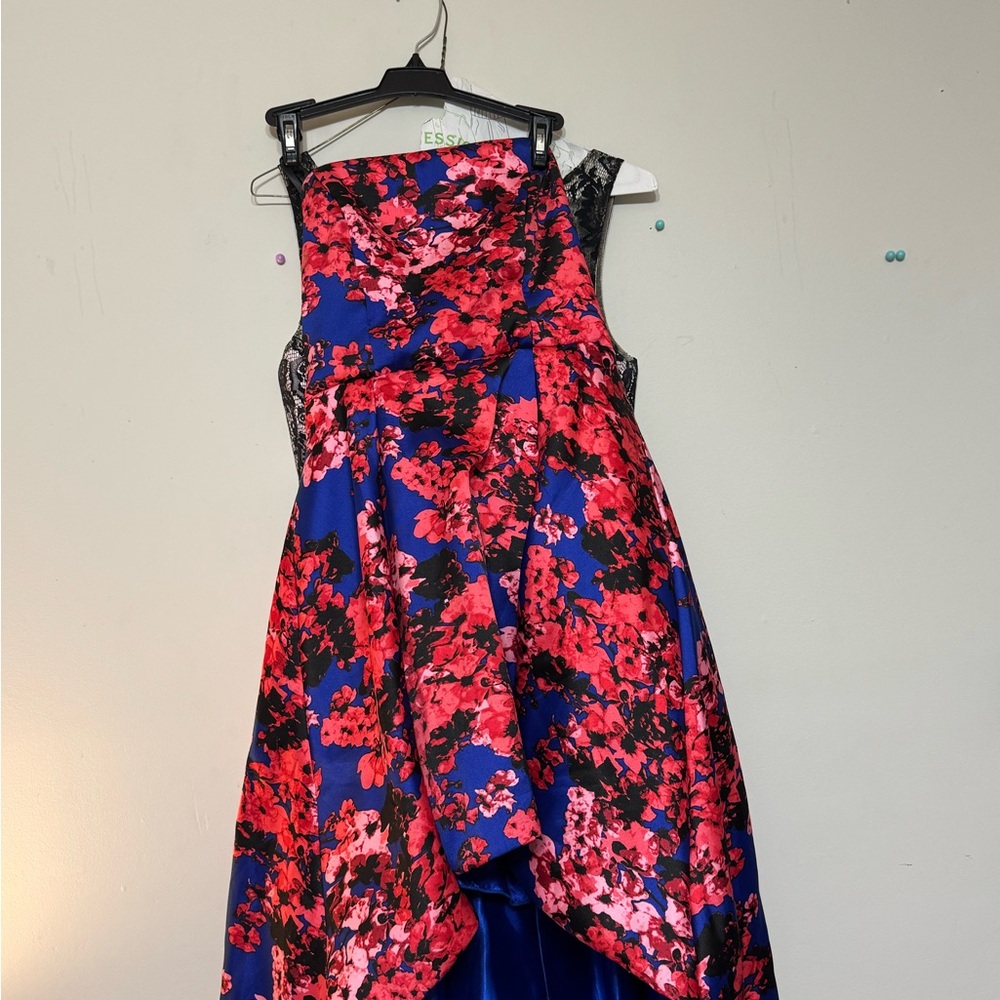 Floral High-Low Dress in Red and Blue